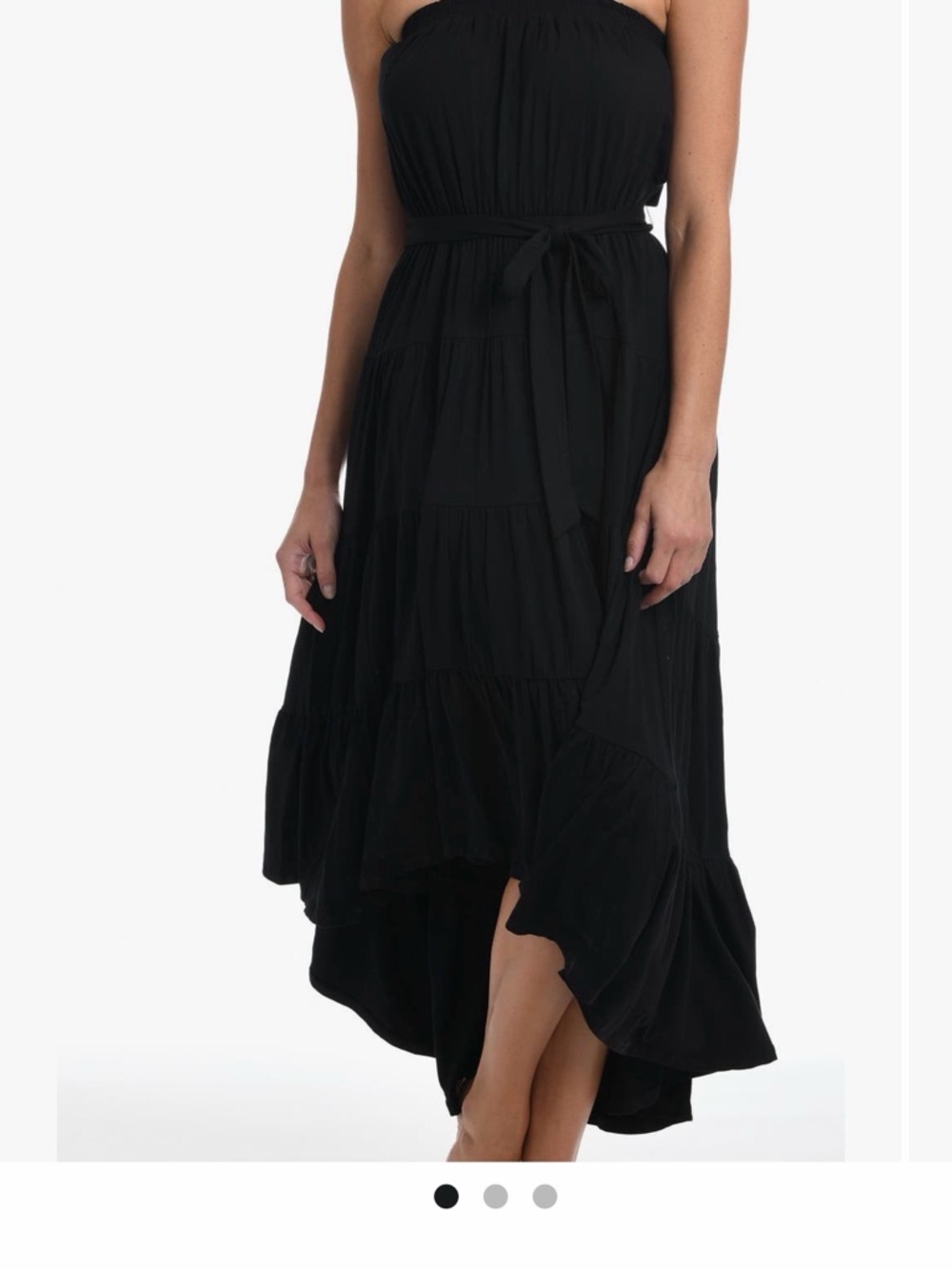 La Blanca Strapless Black Tiered High-Low Dress with Elastic Waist and Belt